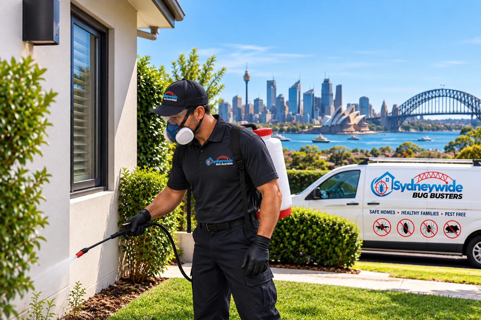 Sydneywide Bug Busters pest control technician treating a Sydney home
